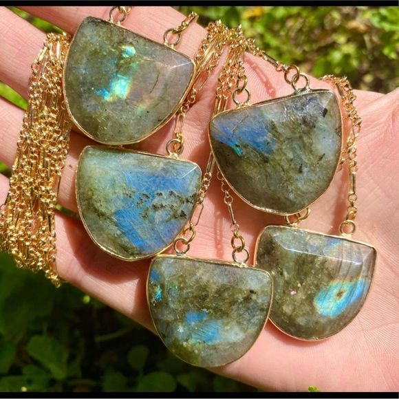 Labradorite Crescent 22K Gold Boho Necklace - Picture 5 of 10